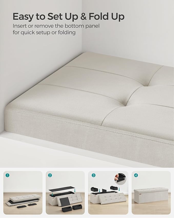 SONGMICS Mazie Collection - Storage Ottoman Bench, Foldable Foot Rest, 15 x 43 x 15 Inches, End of Bed Bench, Storage Chest, Load 660 lb, Living Room, Bedroom, Entryway, Cream White ULSF277W01