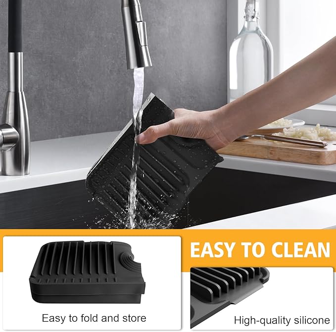 14.6-Inch Kitchen Sink Splash Guard Mat | 7° Slope for Fast Self-Draining | Snap-Lock Design | Universal & Cuttable Silicone Faucet Mat BLACK