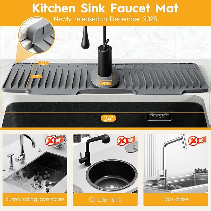 24" Silicone Faucet Mat for Kitchen Sink Released in 2025/12TH,8° Slope Fast Self-draining, Bathroom Kitchen Sink Area Water Splash Guard Behind Faucet Draining Dark Grey