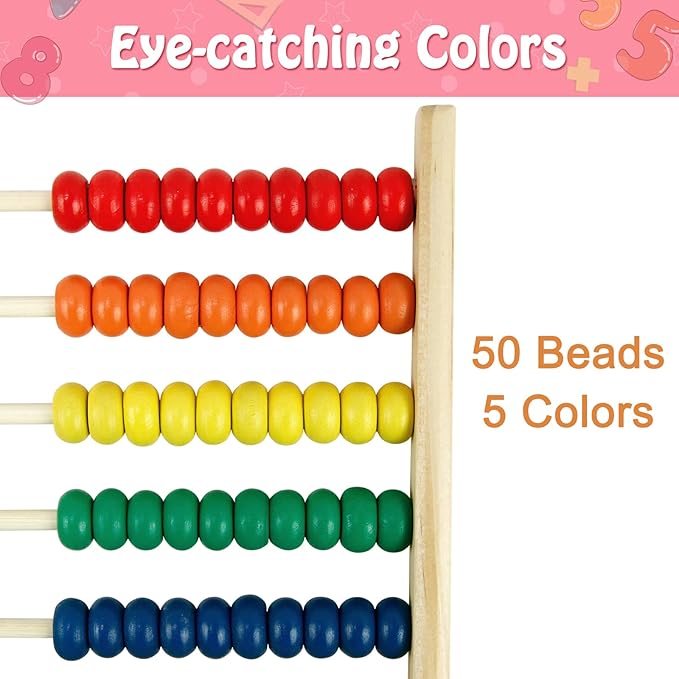 Sealive Wooden Abacus for Kids Math - 50 Beads Counting Toy, Multi-Color Counters for Kids 3-5, Counting Toys for Preschool Learning & Development, Develops Coordination, Motor Skills
