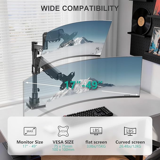 WALI Vertical Dual Monitor Mount for 17-49 inch Ultrawide Curved Screens, Heavy Duty Stacked Dual Monitor Stand for Desk, Adjustable Gas Spring Monitor Arm up to 33lbs, VESA Mount 75/100mm, Black