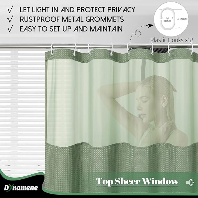 Dynamene 78 Inch Long Shower Curtain, Tall Waffle Fabric Shower Curtains for Bathroom, Hotel Waterproof Cloth Shower Curtain Liner Set with Hooks, Snap in Liner, Mesh Top Window, Sage Green, 72x78