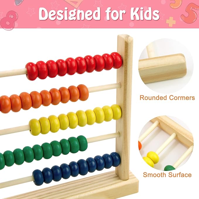 Sealive Wooden Abacus for Kids Math - 50 Beads Counting Toy, Multi-Color Counters for Kids 3-5, Counting Toys for Preschool Learning & Development, Develops Coordination, Motor Skills