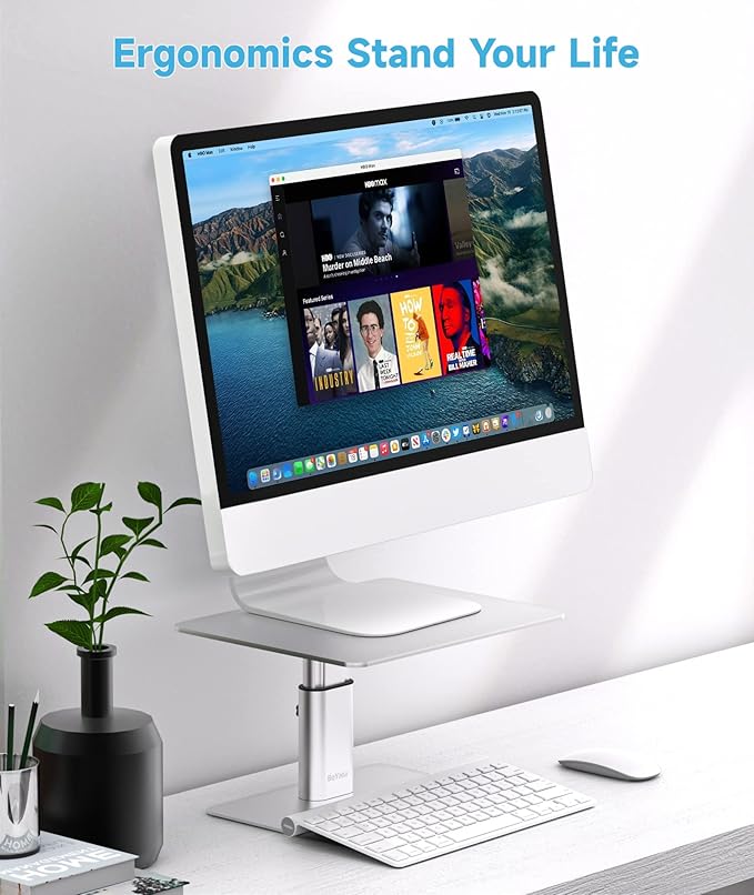 BoYata Monitor Riser Stand, Adjustable Height Metal Desktop Stand Storage Organizer Compatible with TV, PC, Laptop, Computer, iMac, and All Screen Display-Silver