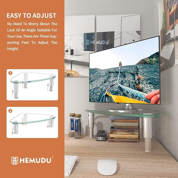 Hemudu Clear Glass Computer Monitor Riser/Triangle Desktop Universal Corner Stand for Computer Monitor & Laptop HD01T-003