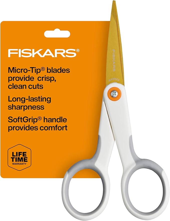 Fiskars Micro-Tip Scissors, Precision Cutting Shears, Titanium Blades & SoftGrip Handle for Intricate Cuts, 5”, White/Gray