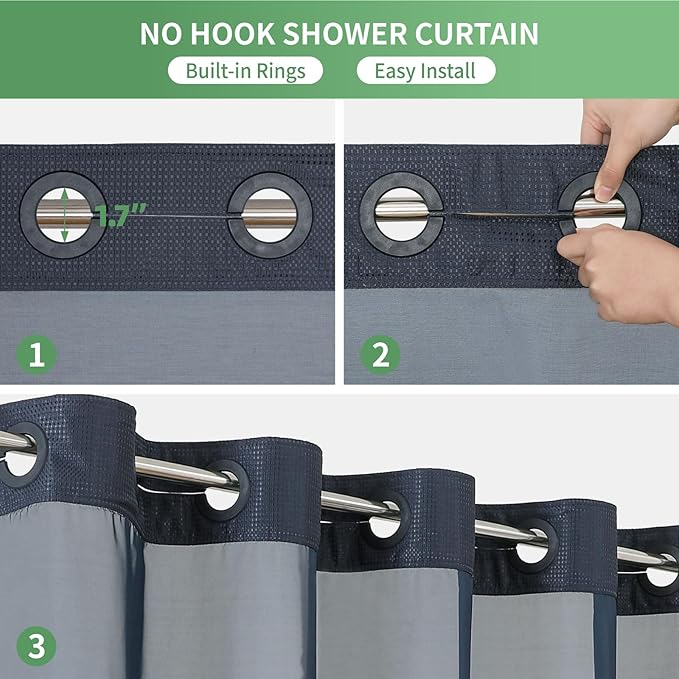 Navy No Hook Shower Curtain with Snap-in Fabric Liner Set,Waffle Weave Shower Curtains for Bathroom,Hotel Luxury Decor Bathroom Curtain Set,Waterproof & Washable,71Wx74H