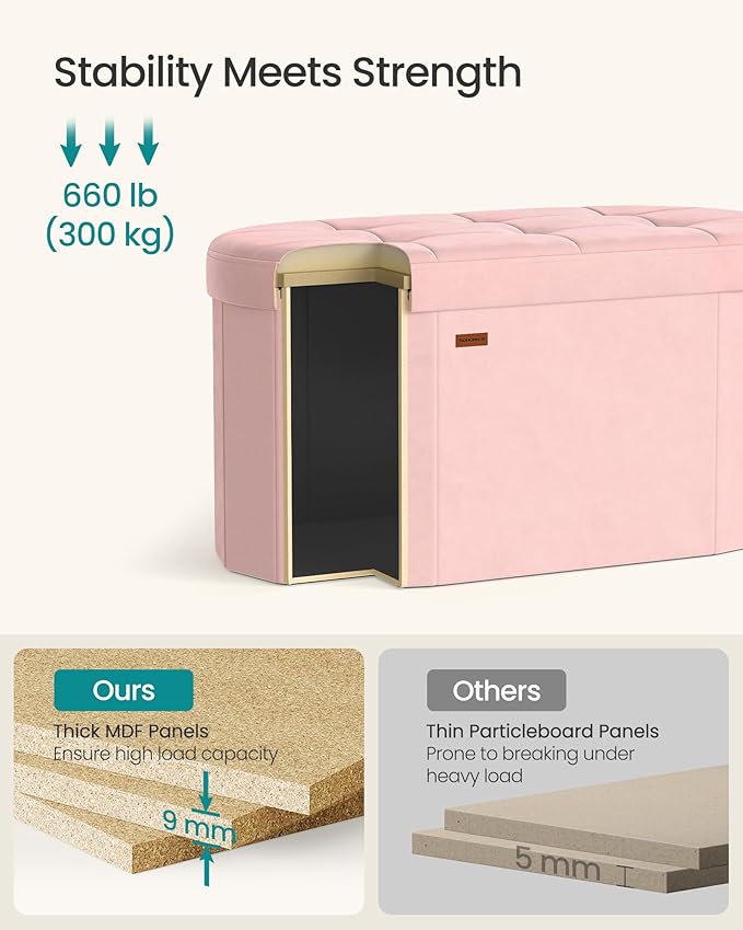 SONGMICS Mazie Collection - Folding Ottoman with Storage, Oval Storage Ottoman Bench, for Living Room, Bedroom, Velvet Fabric, 15 x 30 x 15 Inches, Jelly Pink ULSF267SA01