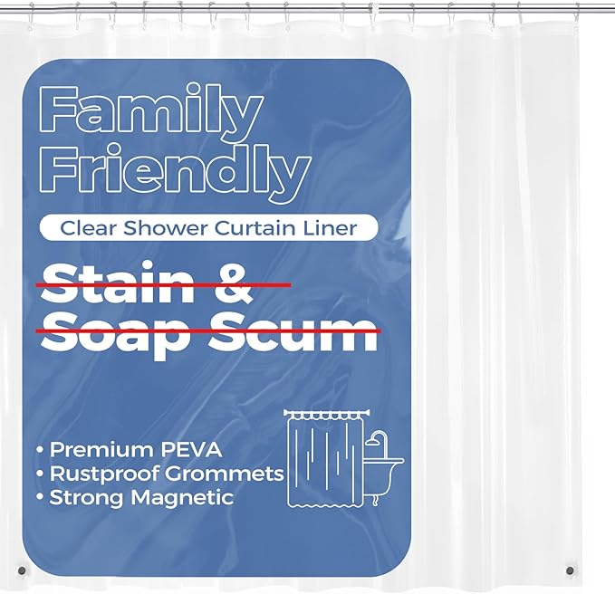 downluxe Clear Shower Curtain Liner with Magnets, PEVA Plastic Shower Liner, 36" W x 72" L Waterproof Lightweight Bathroom Curtain
