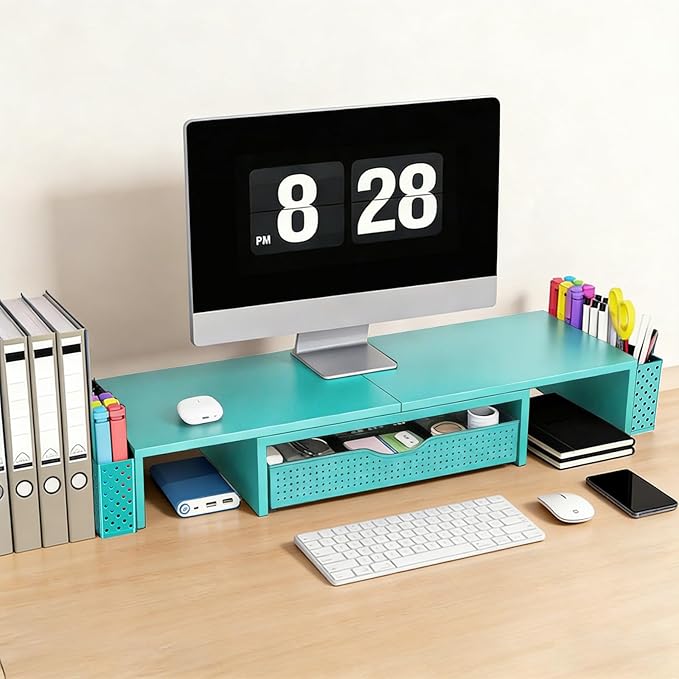 Spacrea Metal Desk Organizers and Accessories, Dual Monitor Stand Riser with Drawer and 2 Pen Holders, Desk Accessories & Workspace Desktop Organizers for Office Supplies (Blue)