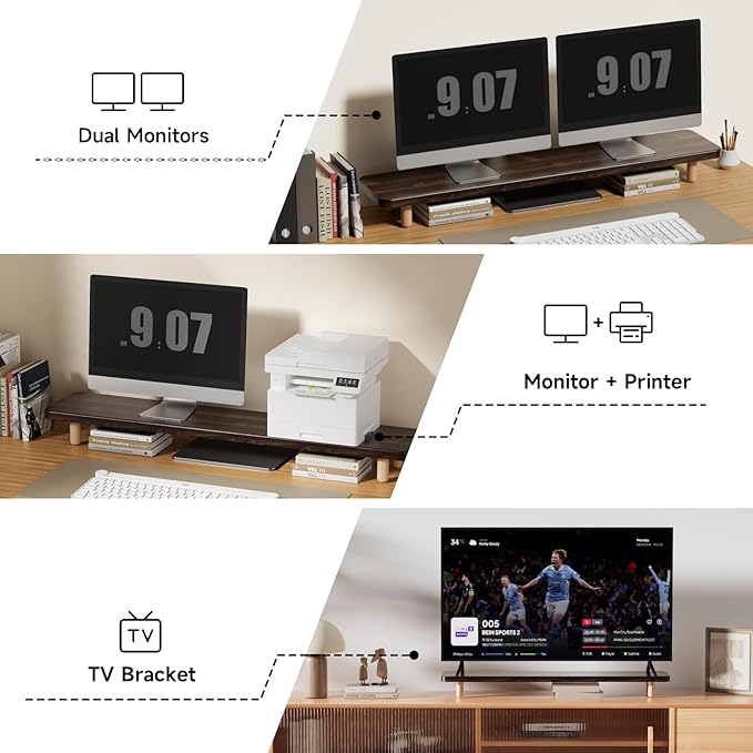 Dual Monitor Stand Riser, 39 Inch Extra Long Wooden Desktop Monitor Riser with Storage for 2 Monitors Ultra Strong Desk Shelf Organizer Riser Ergonomic for 2 Screens/Laptop/PC/TV/Printer, Dark Walnut