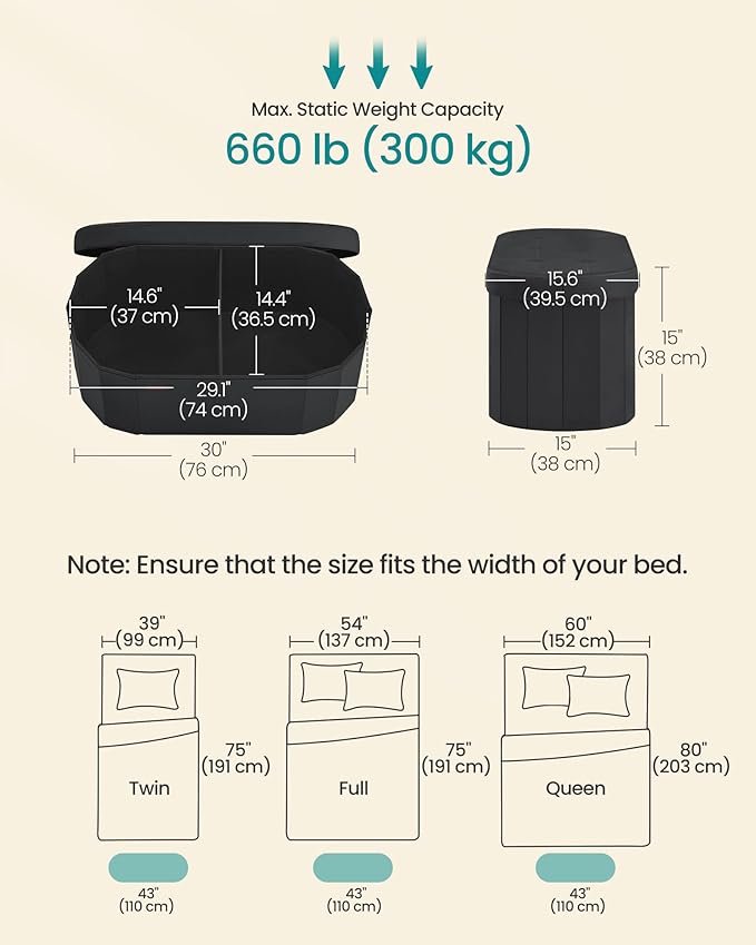 SONGMICS Mazie Collection - Folding Ottoman with Storage, Oval Storage Ottoman Bench, for Living Room, Bedroom, Velvet Fabric, 15 x 30 x 15 Inches, Ink Black ULSF267BH01