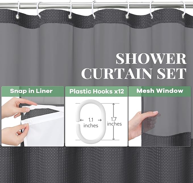 Dynamene 78 Inch Long Shower Curtain, Tall Waffle Fabric Shower Curtains for Bathroom, Hotel Waterproof Cloth Shower Curtain Liner Set with Hooks, Snap in Liner, Mesh Top Window, Charcoal Grey, 72x78
