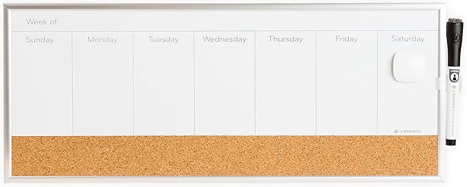 U Brands Magnetic Dry Erase/Cork Weekly Horizontal Calendar Board, 7 x 16 Inches, Silver Aluminum Frame (358U03-12)