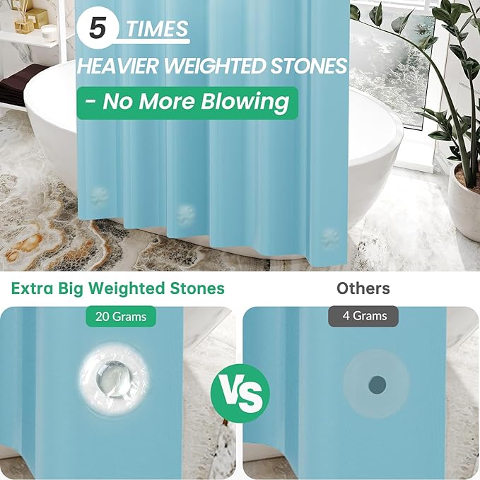 AmazerBath Teal Shower Curtain Plastic 72x72 Inches, Premium PEVA Shower Curtain with 3 Big Weighted Stones and 12 Rustproof Grommets