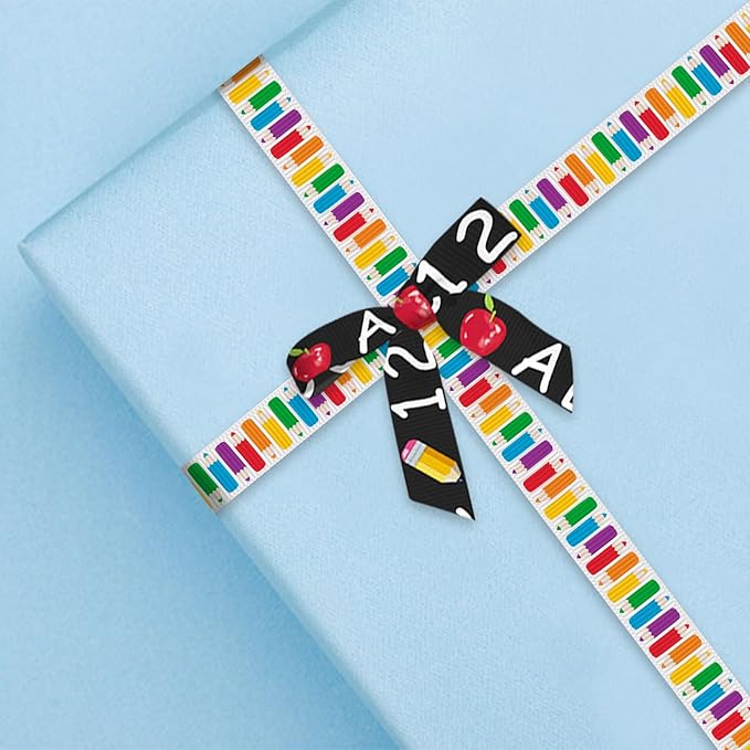 Threetols 6 Rolls 18 Yards Back to School Ribbons, 3/8" School Day Grosgrain Black Green Yellow Apple Pencil ABC Gift Wrapping for Teacher Kindergarten Party Supply