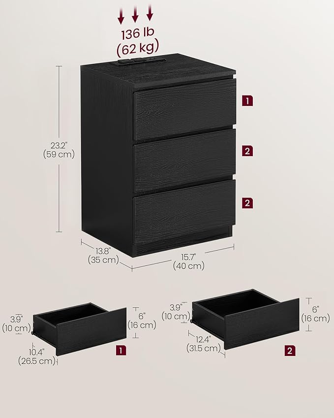 VASAGLE Nightstand with Charging Station, 2 AC Outlets and 2 USB Ports, Bedside Table, Side Table with 3 Drawers, Modern Style, 13.8 x 15.7 x 23.2 Inches, Ebony Black ULET631B58