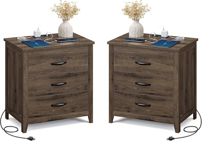 VASAGLE LIRY Collection - Farmhouse Nightstand with Charging Station, Set of 2, Bedside Tables, Side End Tables with 3 Drawers, for Bedroom, Taupe Brown ULET979T01