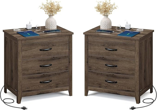 VASAGLE LIRY Collection - Farmhouse Nightstand with Charging Station, Set of 2, Bedside Tables, Side End Tables with 3 Drawers, for Bedroom, Taupe Brown ULET979T01