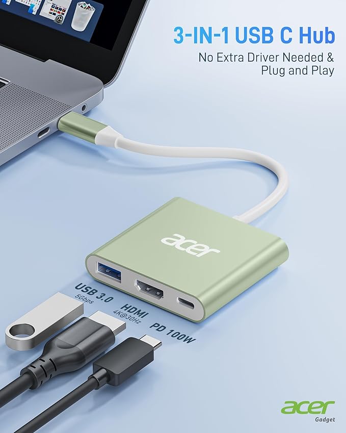 Acer USB C to HDMI Adapter, 4K USB C Hub with 100W PD, USBA 3.0 Port, HDMI to USBC Multiport Digital AV Converter for MacBook Pro/Air, iPad, Tablets, TV, Monitor and More (Green)