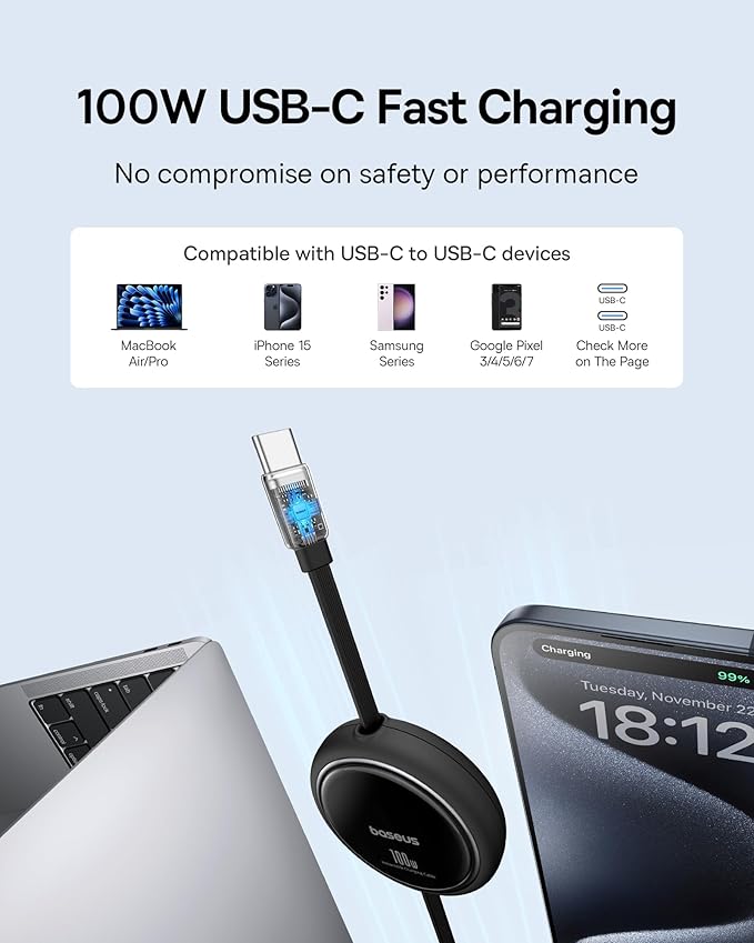 Baseus Charging Station 67W, 10-in-1 USB-C PD Fast Charging Desktop Charger with 1200J Surge Protection and Baseus USBC to USBC Cable, 100W Retractable USB C 5A Fast Charging Cable