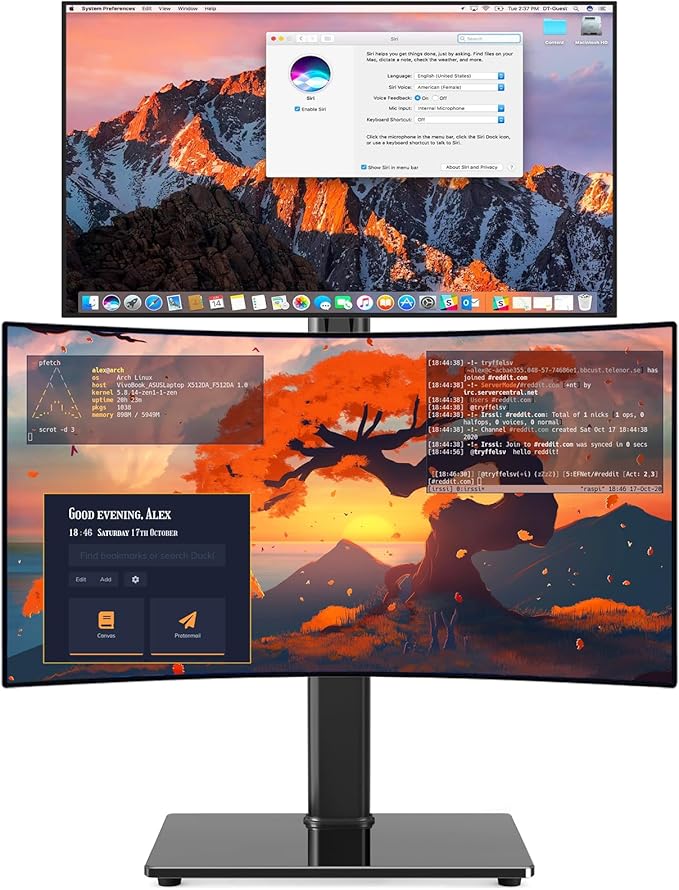 Dual Monitor Stand VESA Mount for 13-38 Inch Screens, Free-Standing Monitor Riser with Swivel, Tilt, Rotation & Height Adjustable, Desk Stand Holds up to 44lbs, Compatible with VESA 75x75-100x100mm