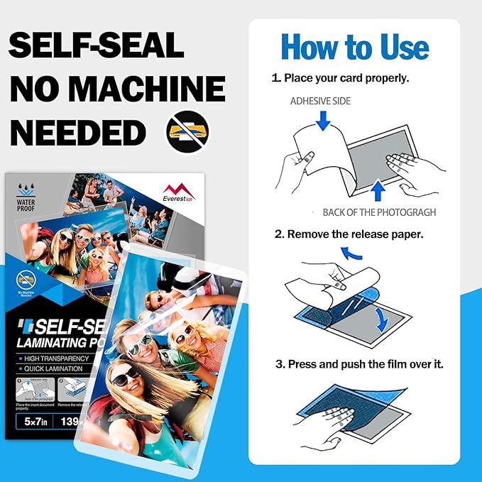 Everest Self Seal Laminating Pouches, Self Sealing for Photo Cards 5 x7 Inch Size, Waterproof After Laminating, 10 Mil Thick, Gloss Finish, No Machine Neede (10, 5x7)