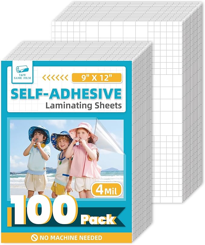 T&W SAME FILM 100 Pack Self Adhesive Laminating Sheets, Holds 8.5 x 11 Inch Laminate Paper, 9 x 12 Inch Lamination, Letter Size, Thermal Laminating Sheets, Self Sealing
