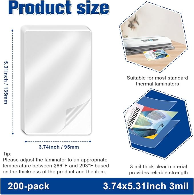 200 Pack3mil Index Card Laminating Pouches 3x5 File Card Laminating Pouches Lamination Pouches Recipe Card Laminating Pouches for Work Permits Pass Cards Student ID Cards