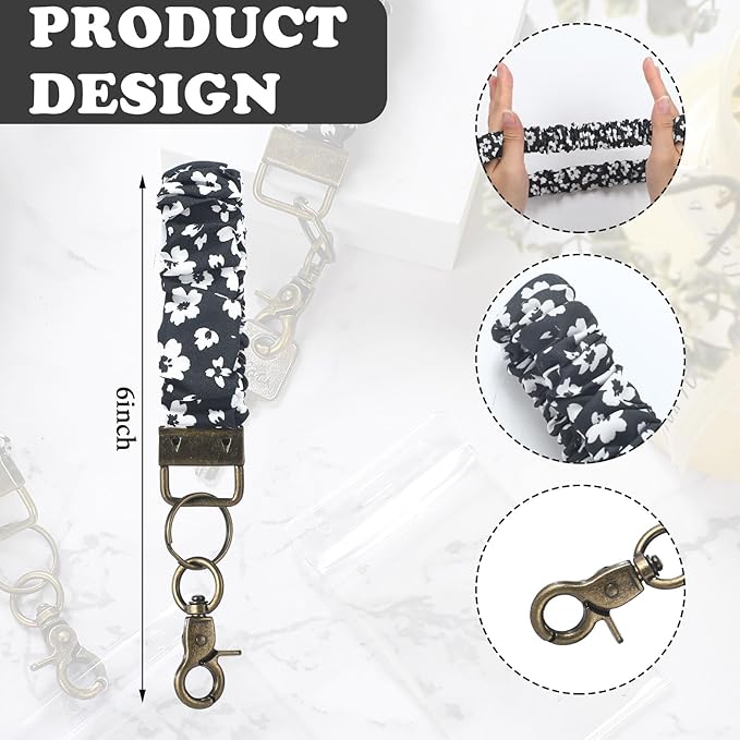 Marspark 2 Set Scrunchie Lanyards with 4 Card Holders for ID Badges and Keys Cute Stretchy Scrunchie Neck and Wrist Lanyards for Teacher Women Nurses School Office Supplies(Black, White Floral)