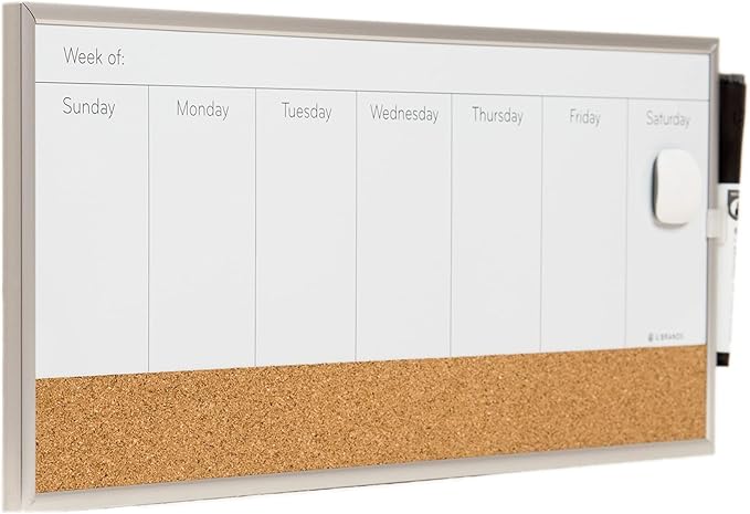 U Brands Magnetic Dry Erase Weekly Calendar White Board With Cork Strip, 18" x 7.5", Silver Aluminum Frame, Includes Magnet, Marker