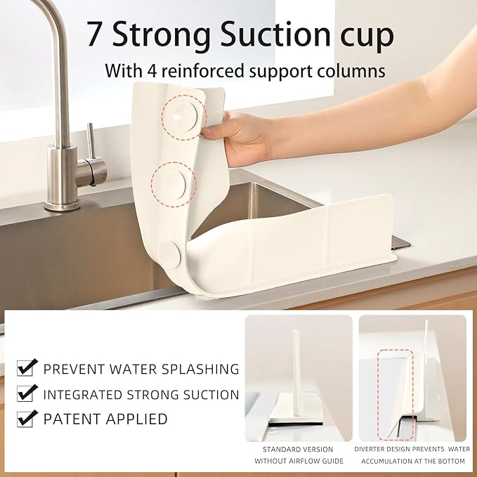 23" Ultra Silicone Sink Splash Guard Released in 2025/Dec,Self-Draining Water Splash Guard for Kitchen Sink,Bathroom and Island,with 3.5" High Splash Guard & 7 Strong Suction Cup (Beige)