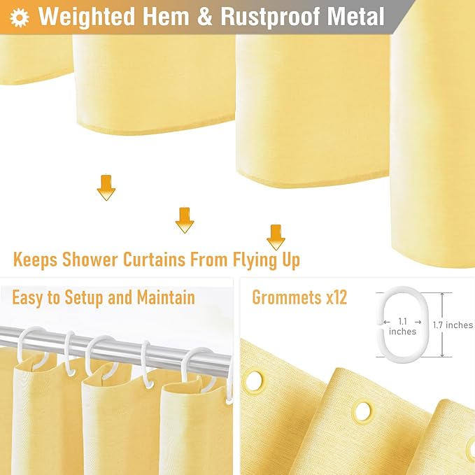 BTTN Fabric Shower Curtain, Linen Textured Heavy Duty Polyester Cloth Shower Curtain Set with Plastic Hooks, Yellow, 72" W x 78" L (Pack of 1)
