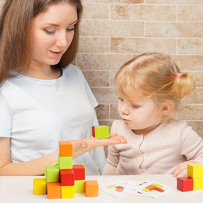 Wooden Cube Toy 16PCS Building Blocks for Kids 40 Pattern Cards and Storage Pouch, 4 Colors 3D Space Stacking Game STEM Educational Preschool Learning Sensory Toy Counting Math Color Cognition