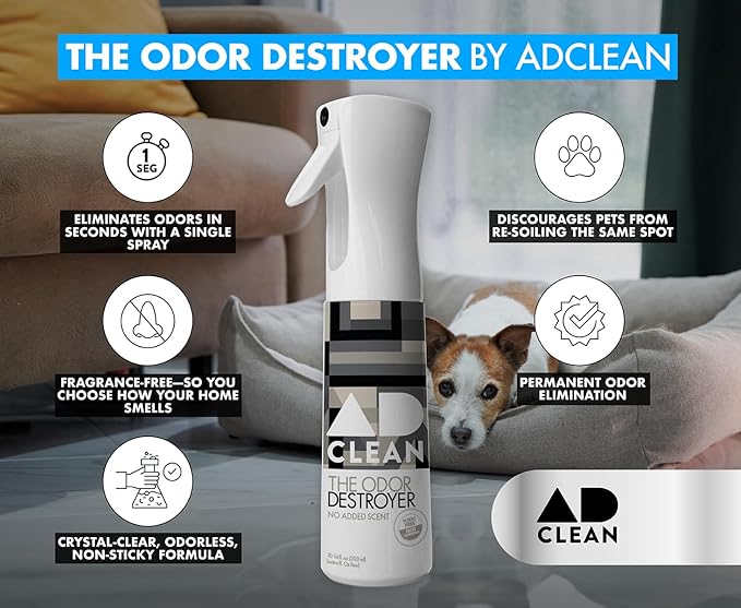 AdClean The Odor Destroyer l Odor Eliminator, No Scent, No Harsh Chemicals l Safe for Pets, People and the Planet l 10.14 fl oz Mist Spray