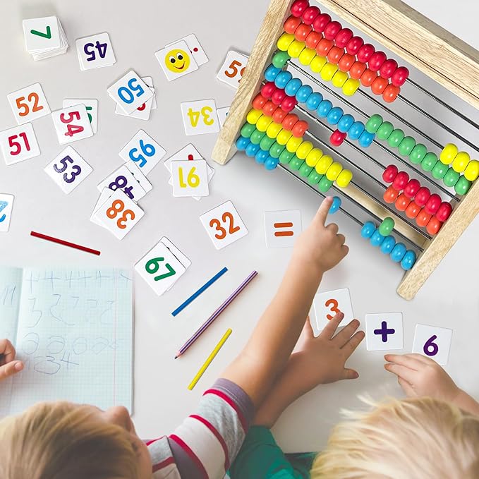 Wooden Abacus for Kids Math - 10 Row Bead Counting Frame with Counting Sticks & Number Alphabet Cards, Learn Counting, Educational Gift for Toddlers, Preschoolers - Ideal for Home, School & Daycare