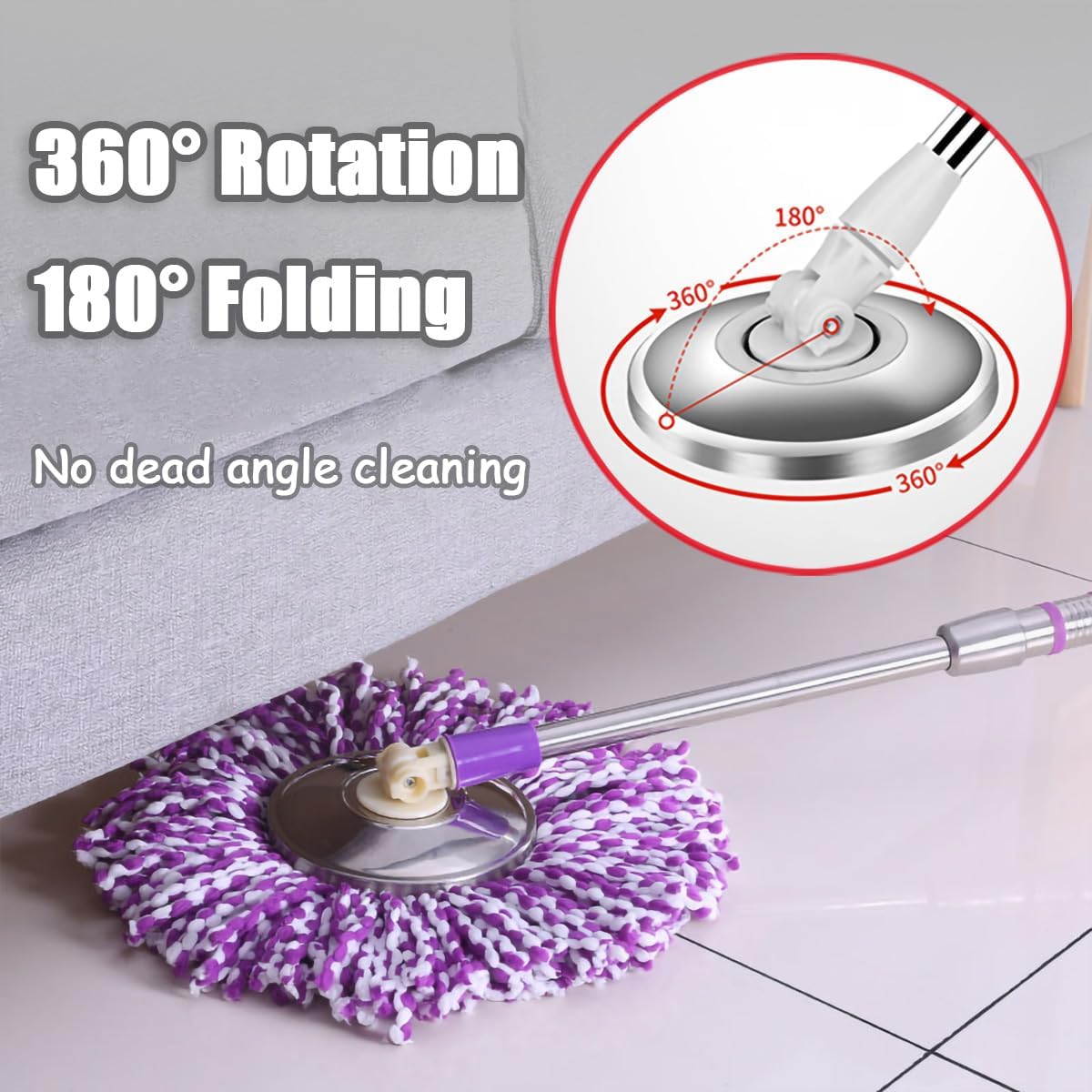 Extended Spin Mop Replacement Mop Handle, Upgraded 60-inch 360 Degrees Rotating Telescopic Replacement Mop Stick for Spin Mop Bucket Cleaning System (Stainless Steel Disc, Khaki)