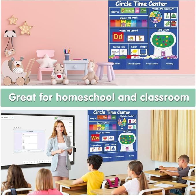 Boczif Circle Time Learning Center Pocket Chart for Classroom, Educational Teaching Materials Learning Calendar Weather Number Counting Letter Color Shape Wording Rhyme Pictures (Blue)