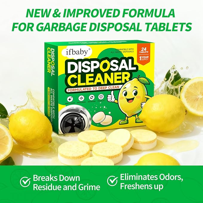 15g Extra Large Garbage Disposal Cleaner & Deodorizer Tablets - 24-Pack Foaming Tablets, Long-Lasting Lemon Scent - Deep Clean Kitchen Sink Disposer,Dissolve Grease & Odors - 1 Year Supply