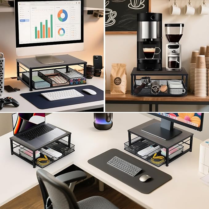 Small Laptop Stand for Desk, Monitor Stand Riser, Office Desk Accessories, Computer Desktop Stand with Drawer for Home, Office, School (Black)