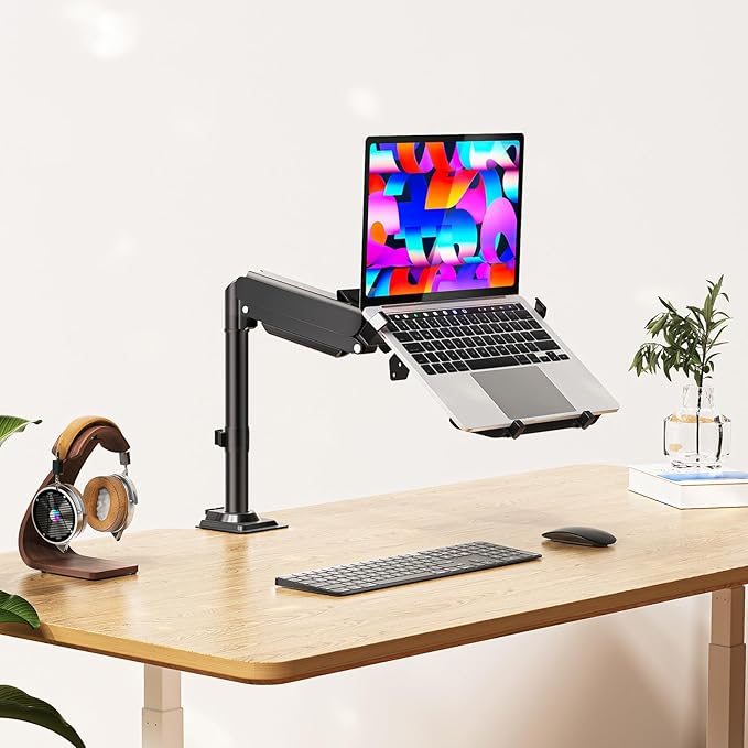 WALI Laptop Desk Mount for 15.6 inch Notebook, Adjustable Single Monitor Arm with Laptop Holder for 32 inch Screen, Laptops Stand with Ventilated Tray, Up to 22 Lbs, (GSDM00LP), Black