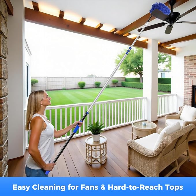 26ft Telescoping Dusting Kit, Aluminum 5-20ft Fan & Window Cleaner Set, Versatile Dusting Set with 5 Replaceable Heads for Cleaning Fans, Windows, and Hard-to-reach Areas Outdoors Without Ladder
