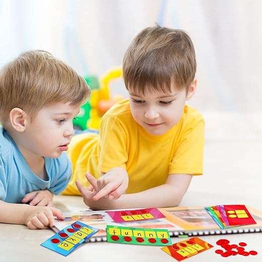 Sound Box Mats and Chips 24 Pcs Dry Erase Mats and 84 Pcs Chips Phonemic Awareness Games Phonics Reading Games Ezread Sound Box Kit(Adorable Style,Cardboard)