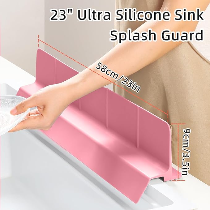 23" Ultra Silicone Sink Splash Guard Released in 2025/Dec,Self-Draining Water Splash Guard for Kitchen Sink,Bathroom and Island,with 3.5" High Splash Guard & 7 Strong Suction Cup (Pink)