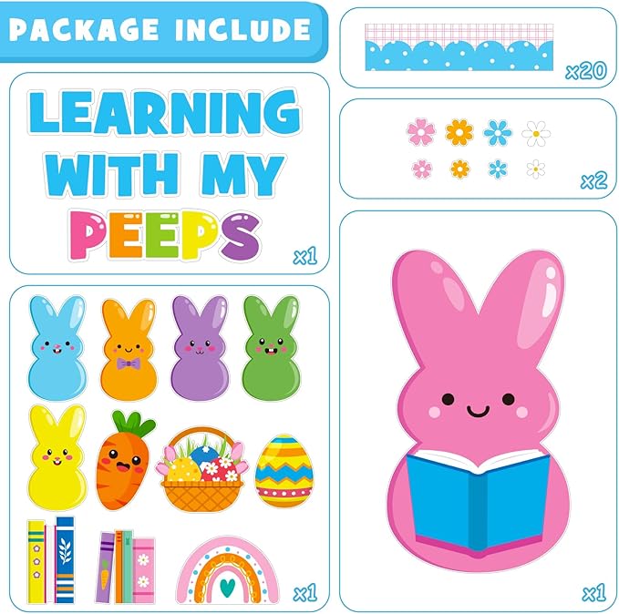 Easter Learning Bulletin Board Decoration Set, Spring Peeps Classroom Decorations Easter Bunny Eggs Book Rainbow Cutouts March April Library School Home Nursery Wall Window Door Decor for Teacher