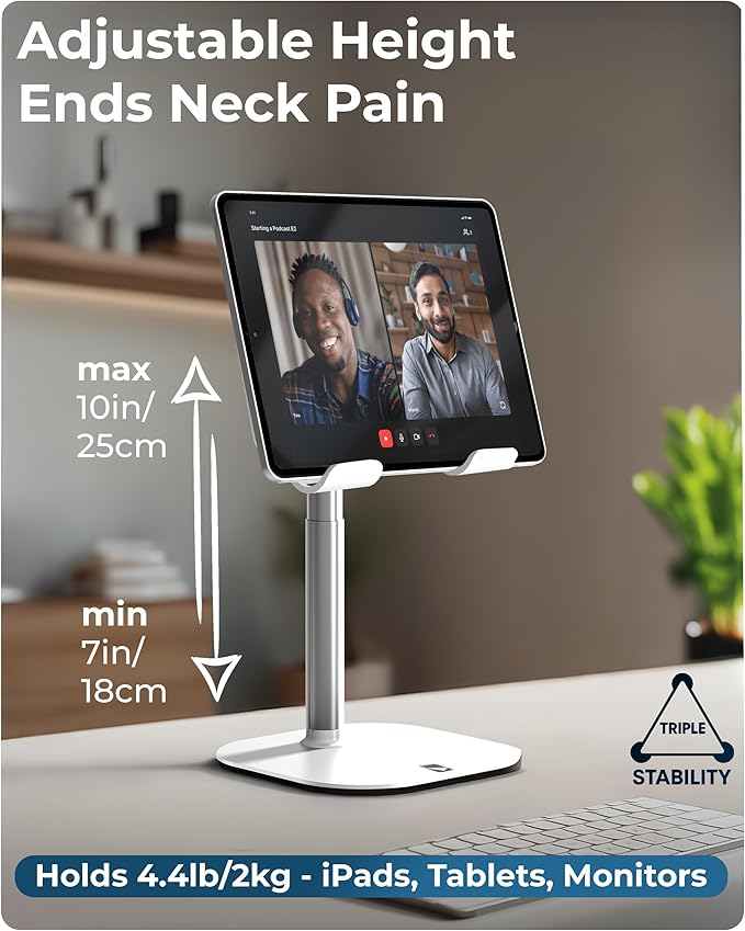 COOPER TabHolder, 7-10" Height Adjustable Tablet Stand, Premium iPad Stand for Desk, 270° Tilt iPad Holder, Kindle Holder, 15.6-17" Portable Monitor Support (White)
