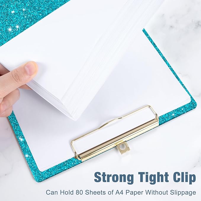 Piasoenc Acrylic Clipboards, Fashion Glitter Clip Board with Low Profile Gold Clip, Designed for Classroom School and Office Use, A4 Letter Size 9 x 12.5 in,Teal