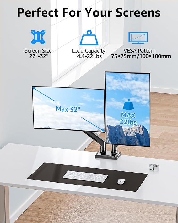 Dual Monitor Stand fits up to 32 inch, 4.4-22 lbs Computer Screens, Dual Monitor Desk Mount Height Adjustable, Monitor Arms for 2 Monitors, Home Office VESA Mounts, Freelift Black