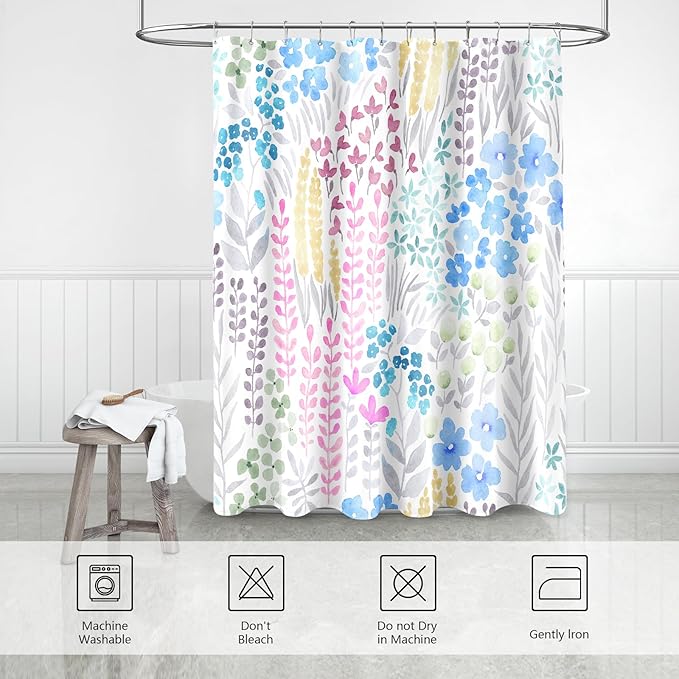 Small Stall Shower Curtain 36 x 72 Inch, Half Narrow Cute Floral Shower Curtain for Bathroom, Blue Pink Yellow Wildflower Boho Cottagecore Fabric Shower Curtain Set with Hooks