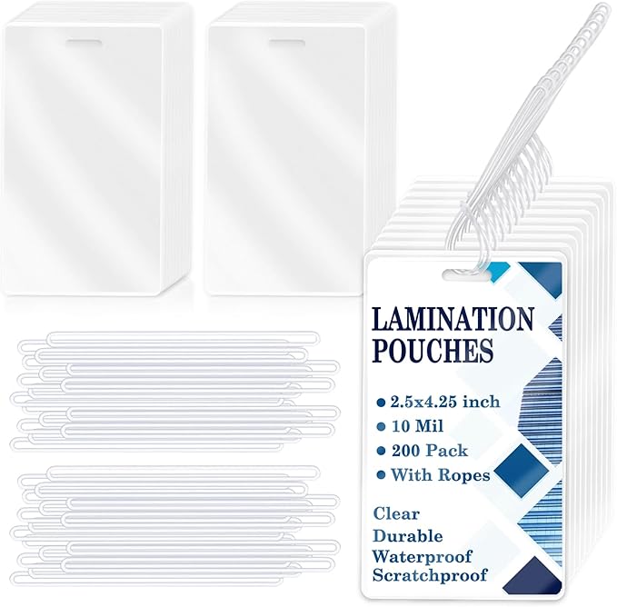 200 Pieces 10 Mil 2 1/2" x 4 1/4" Luggage Tag Laminating Pouches with Slot Hole Loops Thermal Lanyard Thermal Laminate Pouch Tags Kit Resealable for Work Permits Pass Cards Student ID Cards